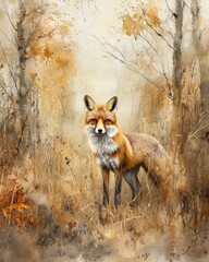Obraz premium A Stunning Watercolor Painting of a Fox Wandering Through a Lush Forest Setting with Vibrant Colors and Details