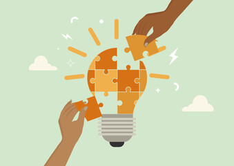 Collaborative Energy Solutions Teamwork Puzzle Light Bulb Concept. Diverse hands assembling puzzle pieces to form a light bulb, symbolizing teamwork in energy innovation, collaborative problem-solving © Megane Ad