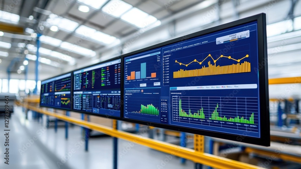 Poster a modern workspace featuring multiple screens displaying colorful data analytics and performance gra