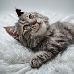 A fluffy gray kitten lying on its back, looking up in wonder on a bright white background.
