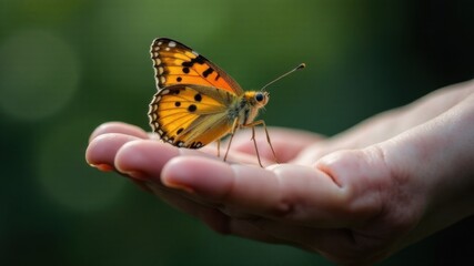 Obraz premium Butterfly in the palm of your hand close-up close-up