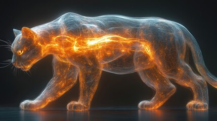 Fiery Cougar Walking, Dark Studio, Energy Flow, VFX