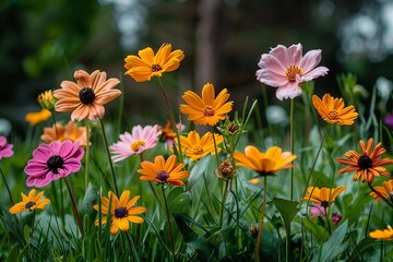 Obraz premium Vibrant wildflowers and lush green grass in a sunny meadow.