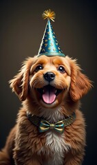 A cheerful golden puppy wearing a party hat and bow tie, perfect for celebrating pet birthdays or dog-themed events, capturing joy and festivity.