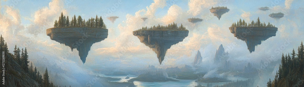 Poster fantasy landscape with floating islands and forest scenery below