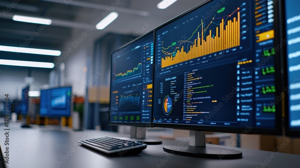 Poster dual monitors display vibrant data analytics with graphs and charts, showcasing financial trends in 