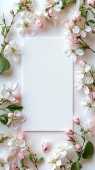 A stylish, blank white sheet surrounded by delicate white flowers and soft pink accents, perfect for spring invitations, greeting cards, or announcements.