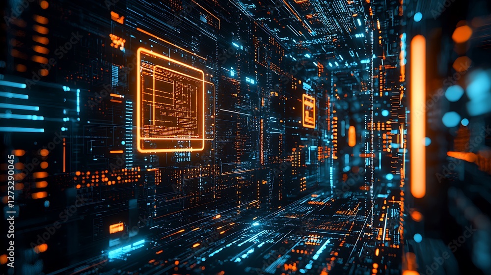 Poster Abstract technology tunnel with illuminated circuit boards, used for digital concepts