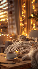 The cat is sleeping on the sofa.