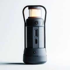 A modern black and gray lantern with a warm light, featuring a sleek design, handle and USB charging port on a clean white surface, showcasing its portability.