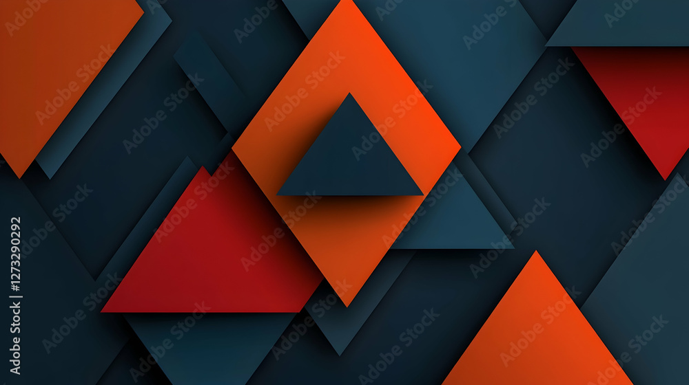 Poster abstract geometric background with overlapping triangles and squares in shades of orange, red, and d
