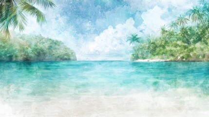 A Captivating Watercolor Painting of a Tropical Island with Lush Palm Trees and Serene Blue Waters