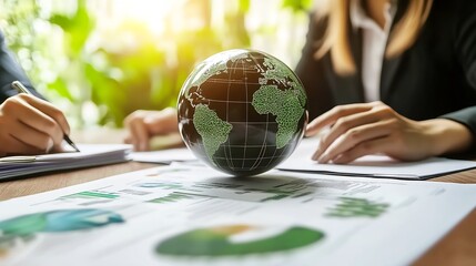 Business meeting with globe symbolizing global analysis and teamwork in a modern office setting : Generative AI