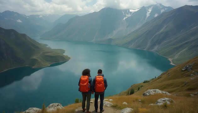 Couple enjoys a scenic view by a lake surrounded by mountains in a remote wilderness area - Powered by Adobe
