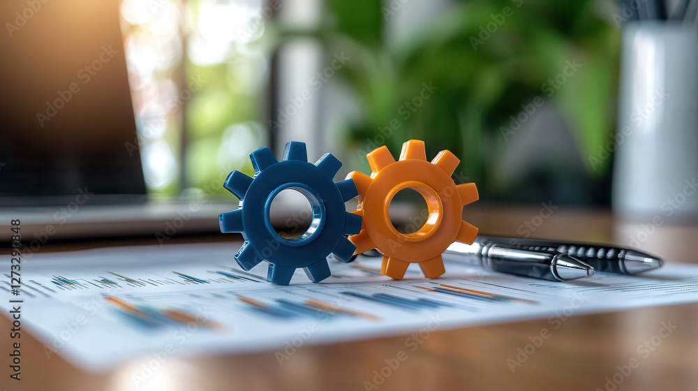 Poster business strategy concept with interlocking blue and orange gears, symbolizing collaboration and tea