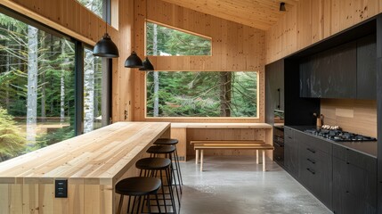 Modern Cabin Kitchen with Stunning Forest Views