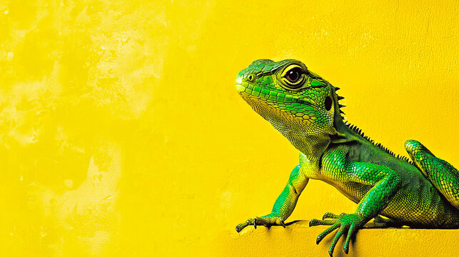 Un lagarto verde sobre fondo amarillo