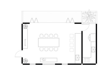 Modern Open-Concept Living, Dining, and Pantry Interior Layout – 2D Vector Illustration. 1