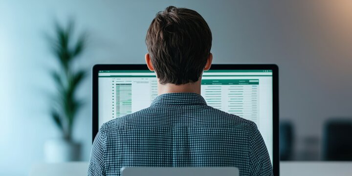 Successful project management efficiency concept. Person working on a computer with a spreadsheet in an office setting.