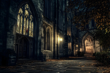 Obraz premium Mysterious Gothic architecture at night, illuminated by soft lamplight, autumn leaves scattered on the ground. A captivating scene of old stone buildings and stained glass.