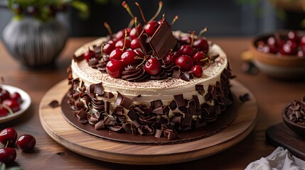A decadent Black Forest gateau with cherry-chocolate layers, no shadows The cake is the highlight, with no text, logo, signature, human body, people, or plants, 
