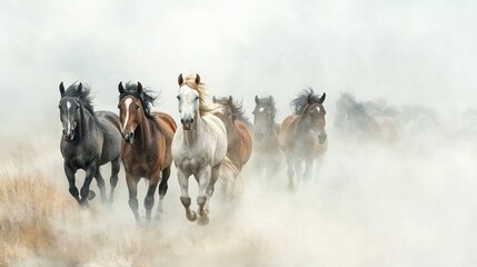 A Beautiful Watercolor Painting of Majestic Horses Galloping Through a Vibrant Green Field Under a Clear Blue Sky