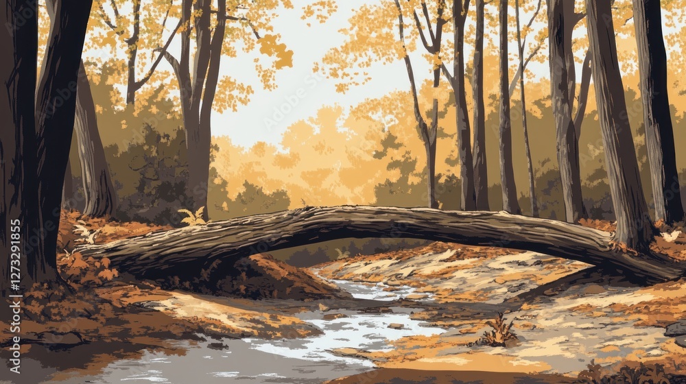 Poster autumn forest scenery with a fallen log bridging a stream