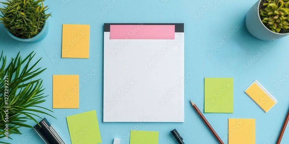 Poster successful project management efficiency concept. blank notepad surrounded by colorful sticky notes 