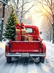 Red Pickup Truck Transporting Christmas Tree and Gifts in Winter