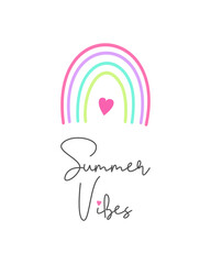Summer Vibes card, rainbow with heart, summer mood, bright colors on white background. Vector illustration