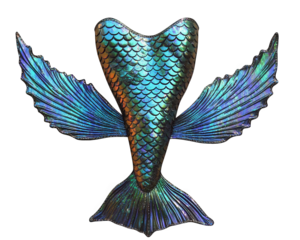 vibrant mermaid tail with iridescent scales and large, flowing fins, perfect for aquatic themed costumes or decorations. shimmering colors create magical effect