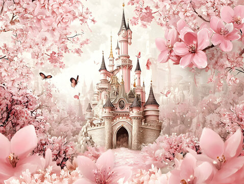 Fototapeta Pink castle spring blossom fantasy scene, fairytale decor
