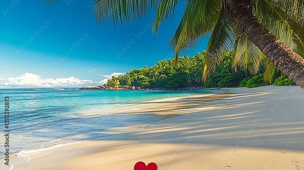 Poster tranquil beach landscape with lush greenery and gentle waves under a clear sky : generative ai