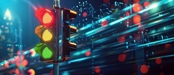 Traffic light illuminated against a vibrant city backdrop at night.