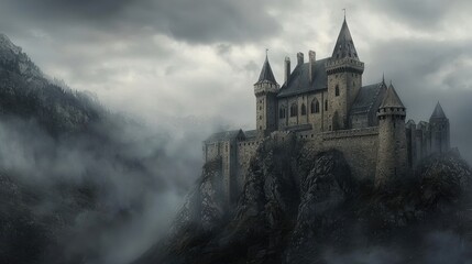 Naklejka premium A Serene Watercolor Painting of a Majestic Castle Nestled in the Heart of a Mountain Range