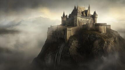 Fototapeta premium Mysterious Mountain Castle Shrouded in Fog - A Serene Watercolor Painting Capture of Nature's Majesty