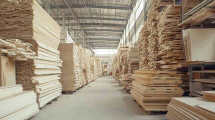 Warehouse filled with stacks of wooden planks and boards