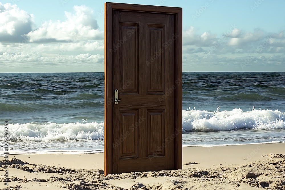Poster Intriguing wooden door standing alone on a beachfront surrounded by soft waves and clouds : Generative AI