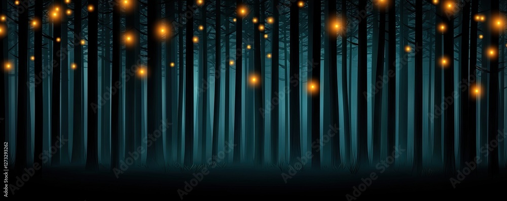 Poster a mystical forest illuminated by glowing orbs, creating an enchanting nighttime atmosphere with tall