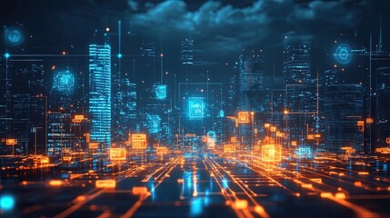 A futuristic cityscape with glowing holograms and flying cars, representing advanced technology 