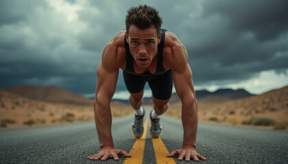 Dramatic low angle close up of a male athlete performing push-ups on an empty road under a stormy sky