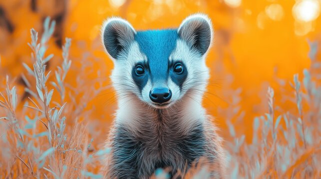 A dramatic close-up of a honey badger in a dry savannah, with dust rising around it as it moves fearlessly through the golden grass. - Powered by Adobe