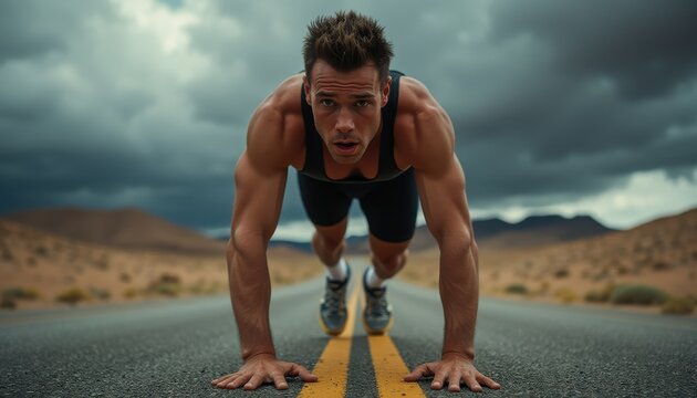 Dramatic low angle close up of a male athlete performing push-ups on an empty road under a stormy sky
