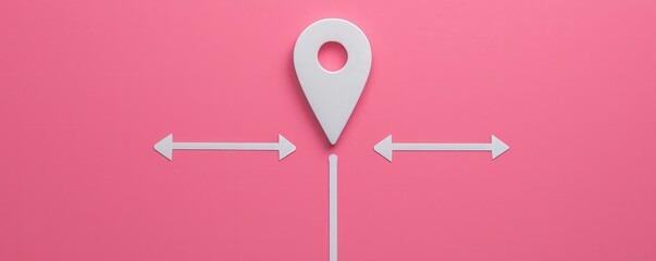 Obraz premium Successful project management efficiency concept. Location pin graphic on pink background with directional arrows.