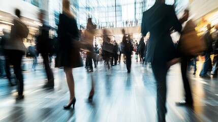 Blurry motion blurred people walking urban building interior.