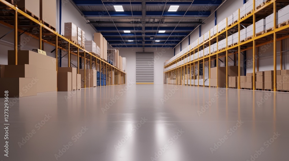 Poster a spacious warehouse with tall shelves filled with boxes, creating an organized and efficient storag