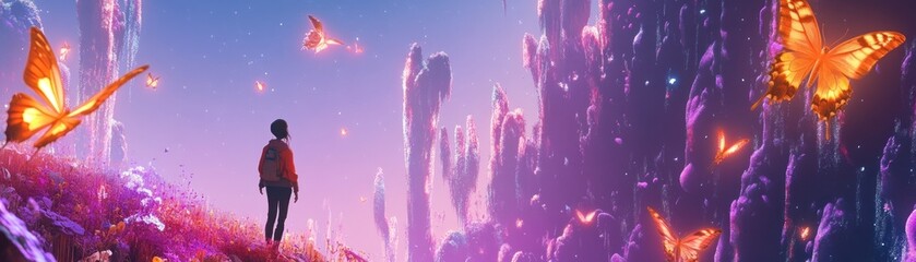 Obraz premium A lone traveler gazes upon a vibrant butterfly landscape