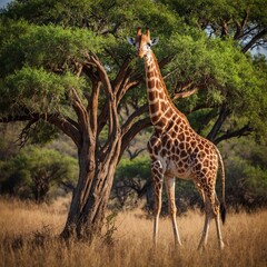 Obraz premium A gentle giraffe stretching its neck to eat leaves from an acacia tree in the African savanna.