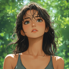 Obraz premium Beautiful young woman standing in a lush green forest with sunlight filtering through the leaves on a tranquil day. Anime style