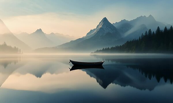 West Glacier, MT USA Beautiful Lake McDonald in Glacier National Park by West Glacier in Montana with a National Park Ranger boat. A serene and misty morning on a picturesque lake, surrounded by majes